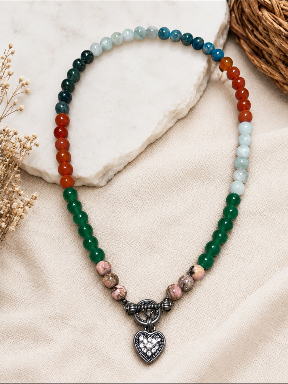 Handmade Gemstone Necklace Rhodonite Emerald and Moss Agate Aquamarine Carnelian - Picture 3 of 4